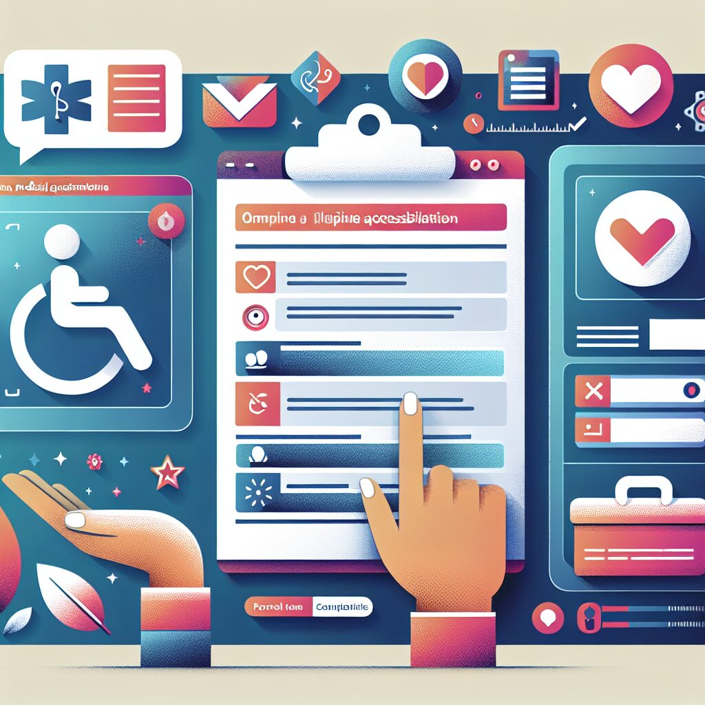 Illustration d'un questionnaire médical en ligne dédié aux personnes en situation de handicap, montrant une interface numérique moderne et accessible, avec des éléments comme une boîte à outils virtuelle pour l'amélioration des soins, un thème inclusif et attentionné.