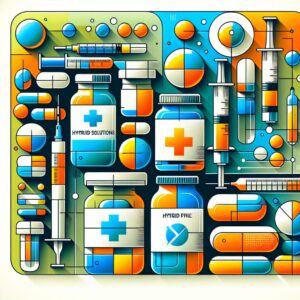 An illustrative image depicting various forms and packaging of hybrid medications, showcasing an array of medications in different forms like oral solutions, syringes, and tablets, with vibrant colors to represent innovation and diversity in pharmaceutical solutions.