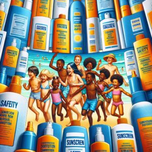 A vibrant, informative image showing a variety of sunscreen products with clear labels, emphasizing safety and protection under the sun, especially for children in beachwear, with a sunny background.