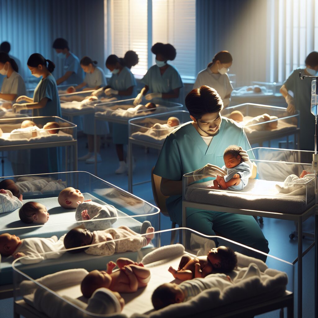 A serene hospital nursery scene with diverse newborns, a nurse performing heel prick test, focusing on a calm medical setting with soft lighting.