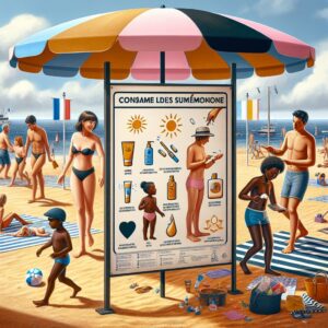 A French beach with children under a protective sunshade, adults applying sunscreen, and clear informational signs about sun protection.