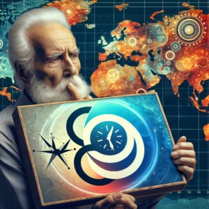 A thought-provoking image of an elderly person holding a paradoxical sign depicting both a clock and a compass, symbolizing the mystery of longevity. The background consists of a map pinpointing various so-called 'blue zones' around the world.