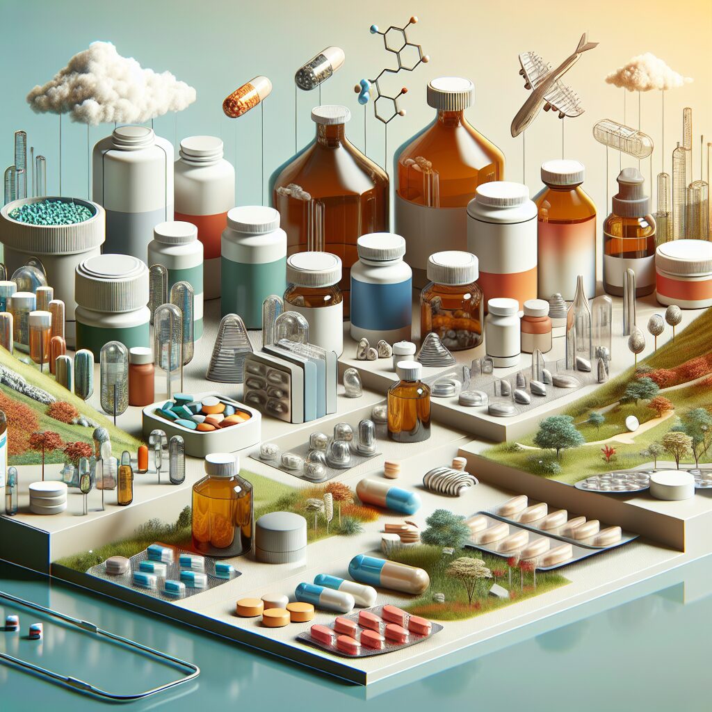 Modern pharmaceutical landscape with various medicine formats like tablets, liquids, and innovative container designs, symbolizing advanced drug solutions.