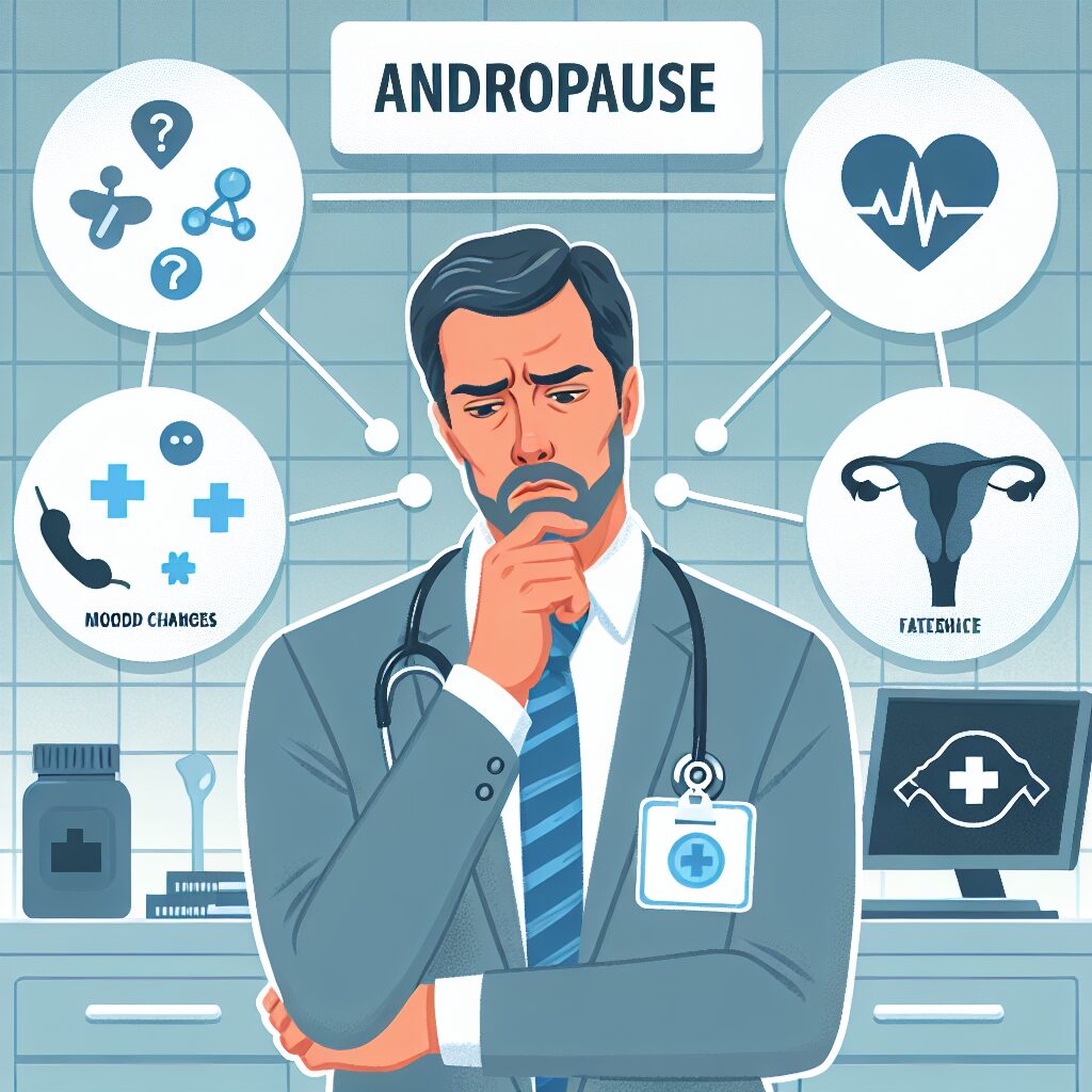 An illustrative depiction of andropause with medical symbols and a middle-aged man experiencing symptoms such as fatigue and mood changes, set in a doctor's office environment.