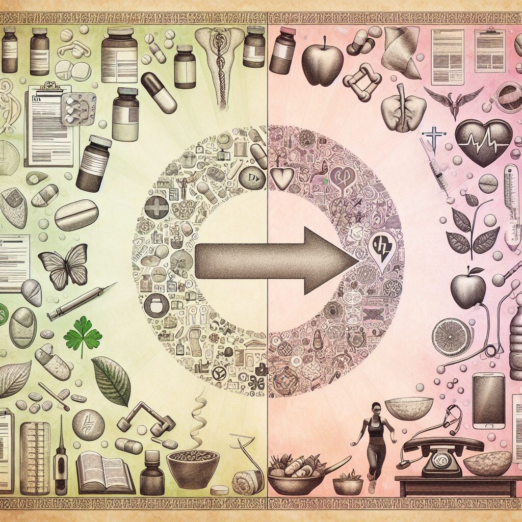 A visual representation of reducing medication consumption, showing various non-medical treatments like exercise, healthy eating, and natural remedies, emphasizing a healthy lifestyle, with a background of medical symbols like pills and prescriptions.