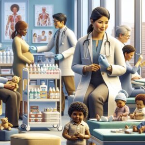 A detailed image depicting healthcare professionals administering preventive treatments to infants and expectant mothers in a medical setting, with an emphasis on warmth and care.