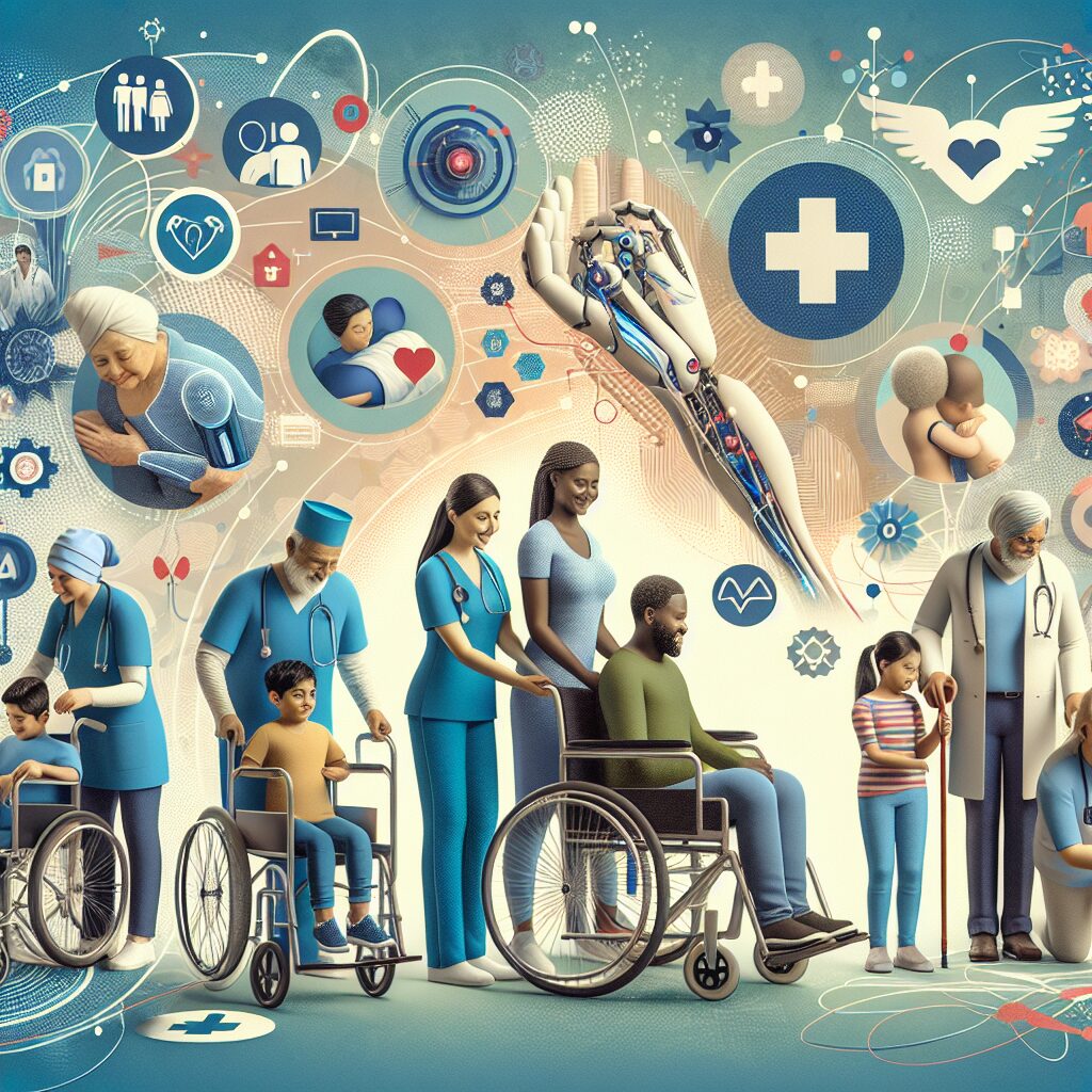 An abstract illustration of accessibility in healthcare, showing diverse individuals with disabilities interacting with healthcare professionals in a supportive and friendly environment. The scene should emphasize inclusivity, empathy, and technological innovation in a medical setting.