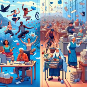 An illustration depicting the myth of Blue Zones, with contrasting scenes of vibrant long-lived communities and neglected record-keeping offices.