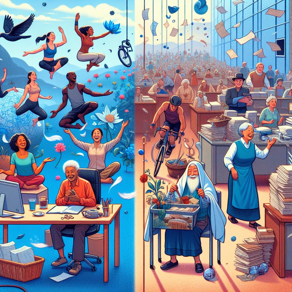 An illustration depicting the myth of Blue Zones, with contrasting scenes of vibrant long-lived communities and neglected record-keeping offices.