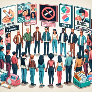 Illustration of a diverse group of people supporting each other in quitting smoking, with motivational posters and anti-smoking tools visible.