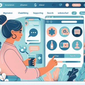 An informative and modern illustration of an individual engaging with digital tools on a website related to alcohol consumption management, featuring icons like a chat bubble, search bar, and video playing, set in a calm and supportive color palette.