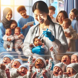 A diverse group of smiling newborns in a hospital setting, with a medical professional holding a testing kit, symbolizing neonatal screening, in a warm, reassuring atmosphere.