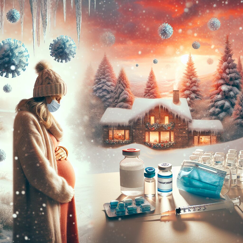 A pregnant woman holding a baby bump, surrounded by imagery of health protection, like masks and vaccine vials, with a winter theme in the background, depicting a sense of warmth and safety.