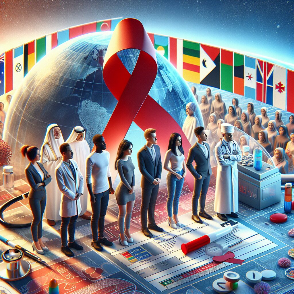 A visual representation of World AIDS Day 2024, focusing on the theme 'Follow the Path of Rights', featuring symbols of awareness like ribbons and medical testing kits, with a diverse group of people of different nationalities. The atmosphere is informative and hopeful, emphasizing health and prevention.