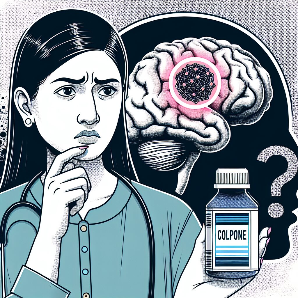 An informative visualization of a woman holding a medication bottle labeled 'Colprone' with a questioning expression, against a background of a stylized brain illustration showing a tumor, representing the health risk associated with the medication.