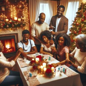 A family of diverse ages, gathered joyfully around a festive table, with some family members rolling up their sleeves, happily receiving vaccines, surrounded by a safe and cozy holiday setting with decorations like a Christmas tree and warm lights.