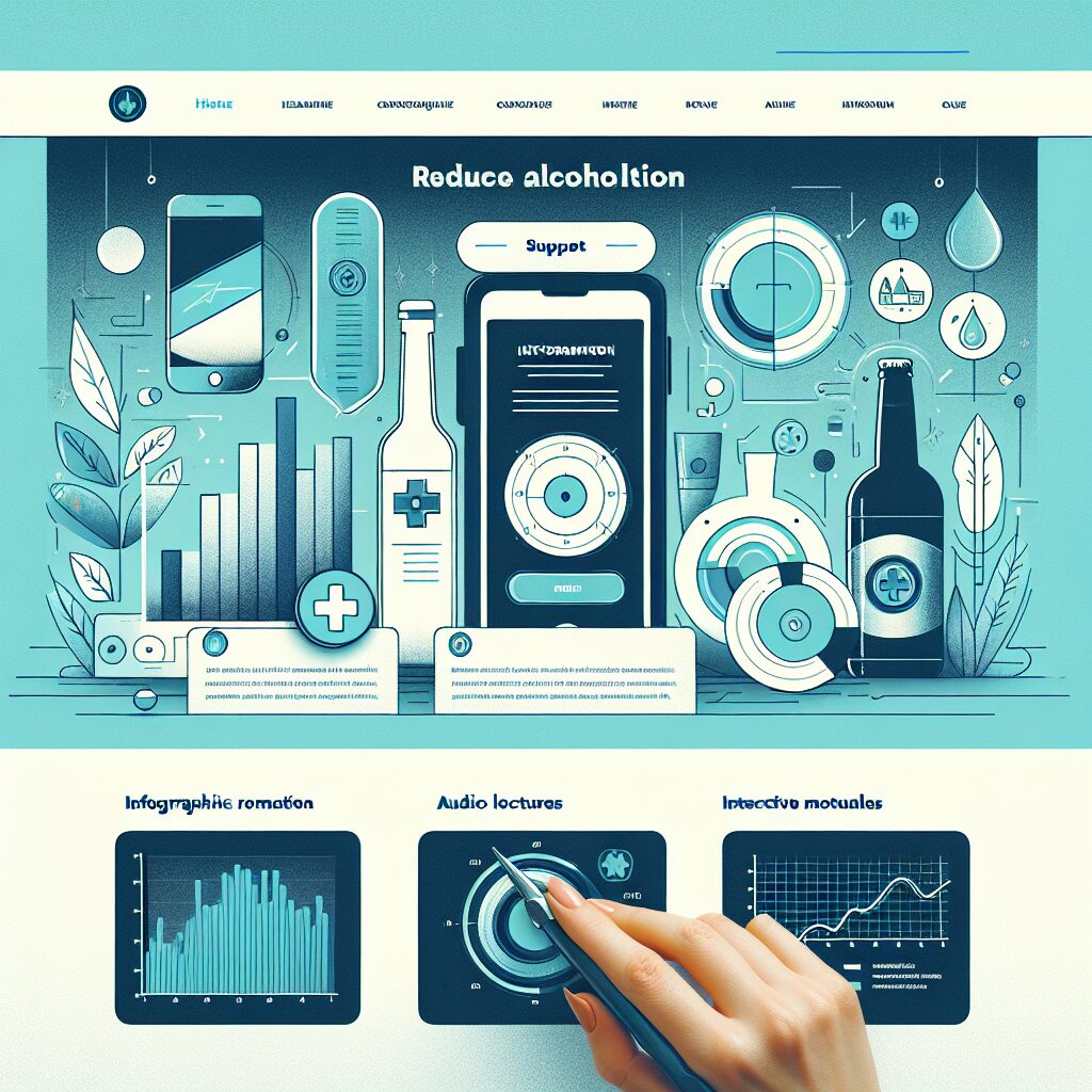 A modern, user-friendly interface of a health website focused on alcohol consumption reduction tools. It includes diverse digital formats like infographics, podcasts, and interactive elements. The background suggests a supportive and informative environment with subtle blue and green tones.