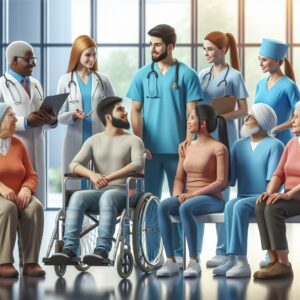 A diverse group of people with disabilities, including wheelchair users and visually impaired individuals, interacting with healthcare professionals in a modern medical setting, showcasing inclusivity and accessibility in healthcare services.