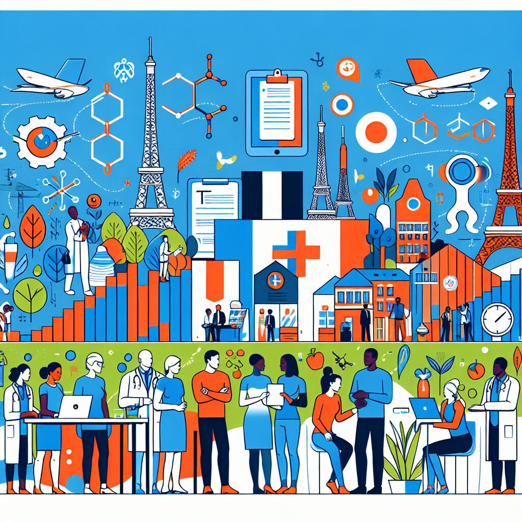 An illustration depicting a diverse group of people engaging in various health surveys and activities, set in a vibrant and dynamic environment symbolizing health and biosurveillance in France, with elements like questionnaires, chemical symbols, and healthy foods.