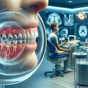 Une illustration montrant un patient chez le dentiste avec une vue zoomée sur des gencives montrant le potentiel des bourgeons dentaires en développement, ambiance scientifique et futuriste.