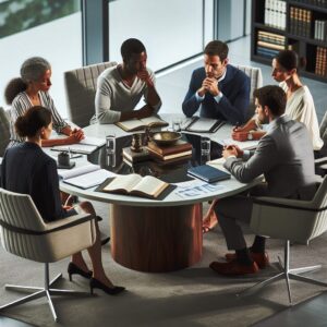 A diverse group of professionals sitting around a round table, engaged in a serious discussion about ethics, surrounded by books and documents on ethics and public health, in a modern, professional setting.