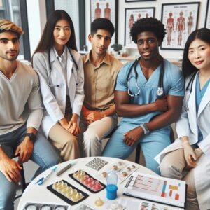 A group of people in a medical setting discussing HIV prevention, featuring diverse individuals of various ages and genders, with emphasis on medical charts and condom usage, in a modern doctor's office background.