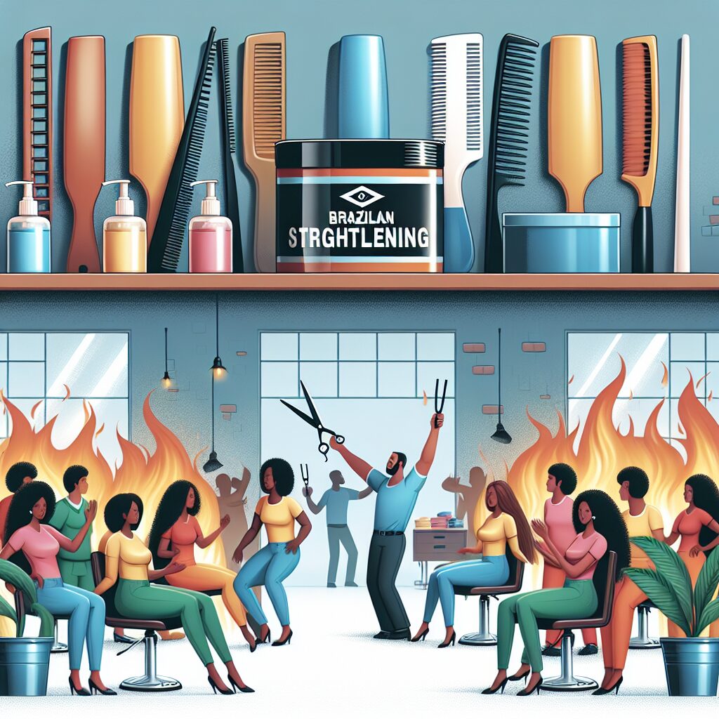 Illustration montrant un salon de coiffure avec des produits de lissage brésilien sur une étagère, avec une atmosphère d'urgence ou de danger.