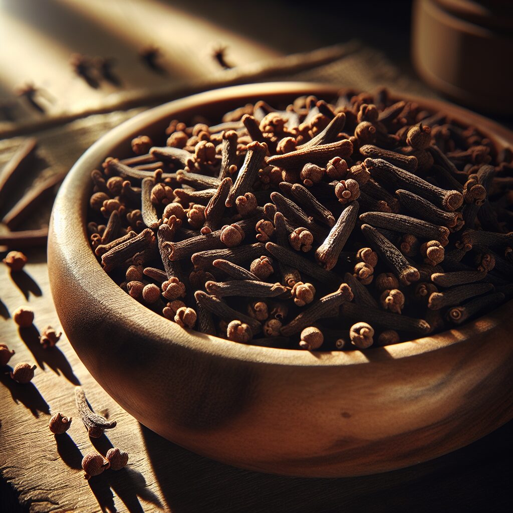 A close-up of a wooden bowl filled with aromatic cloves, showcasing their texture and earthy colors. Sunlight streams in from a nearby window, highlighting the details of this natural remedy used in traditional medicine for its various health benefits.