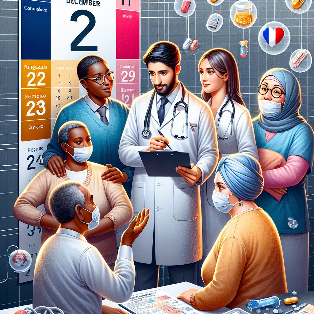 An illustrative image of a diverse group of medical professionals, including general practitioners and specialists, interacting with patients in a clinical setting, symbolizing healthcare changes in France. The background should show a calendar marking the date December 22, 2024, to signify the introduction of new medical consultation tariffs.