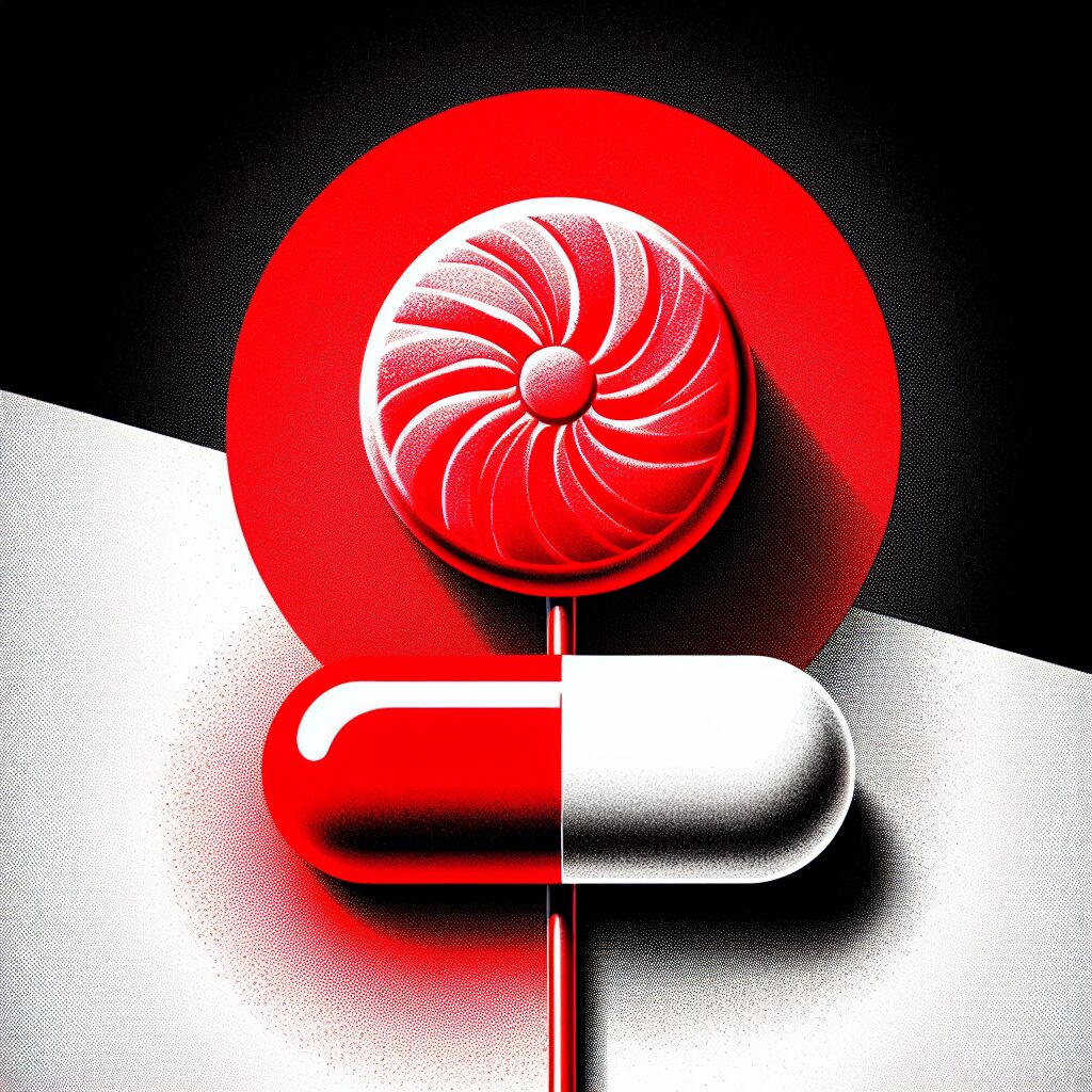 A striking illustration showing a vibrant red candy and a pharmaceutical capsule on a contrasting background, signifying the controversy of the erythrosine food dye ban in the USA, with a health and safety theme.