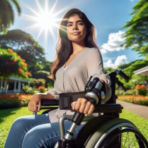 A determined woman in a wheelchair with an additional electric wheel, set in a sunlit park. She has a confident expression, symbolizing independence and resilience.