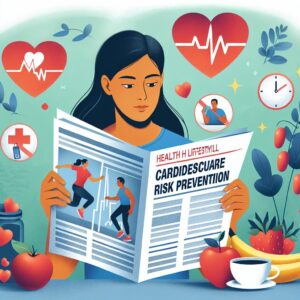 Illustration d'une personne consultant un journal numérique sur la prévention des risques cardiovasculaires, avec des éléments graphiques représentant une vie saine (fruits, activités physiques, bilan de santé).