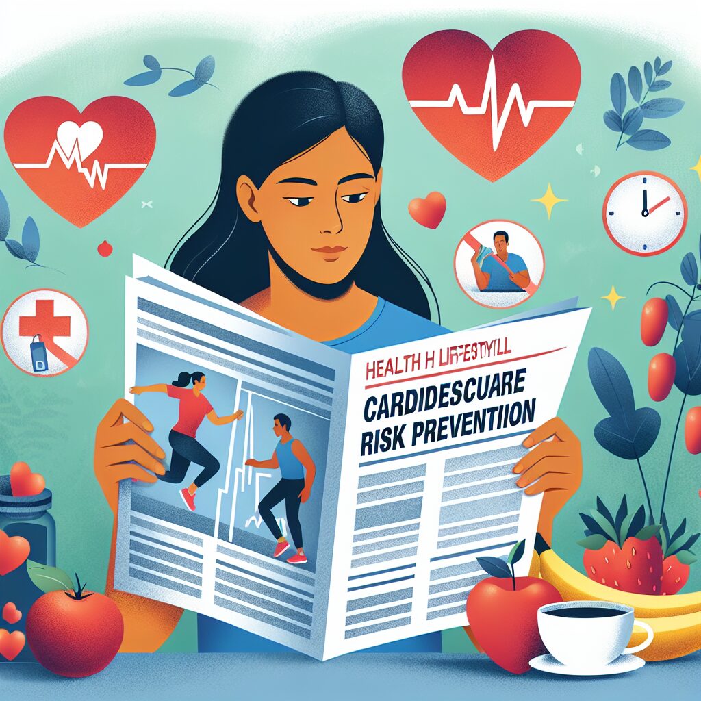 Illustration d'une personne consultant un journal numérique sur la prévention des risques cardiovasculaires, avec des éléments graphiques représentant une vie saine (fruits, activités physiques, bilan de santé).