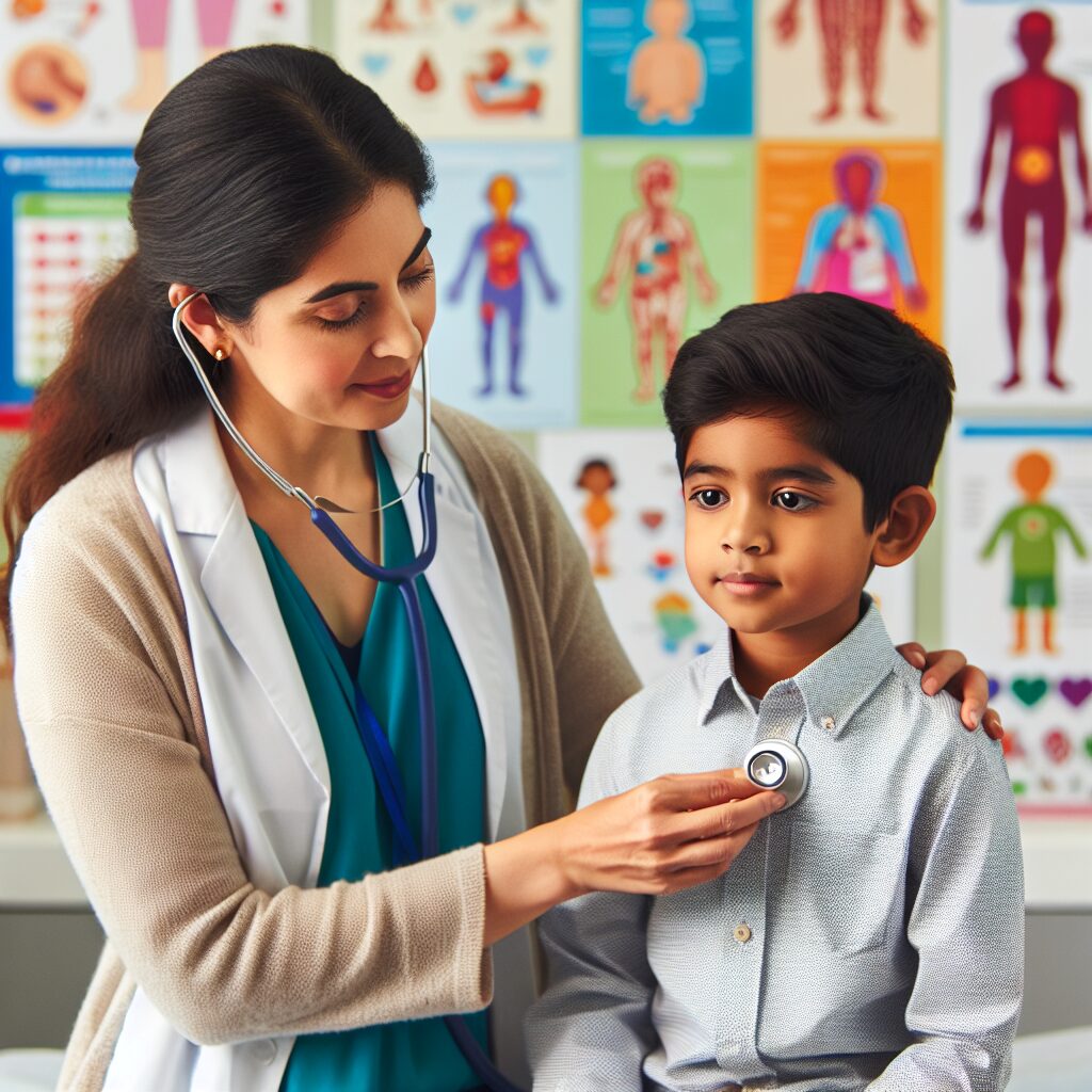 A young child undergoing a medical examination in a bright pediatric clinic. A doctor attentively checks the child's health, surrounded by colorful and educative posters on the walls. The child, around 6 years old, seems calm and the atmosphere is reassuring and friendly, illustrating a typical healthcare check-up in a modern medical facility.