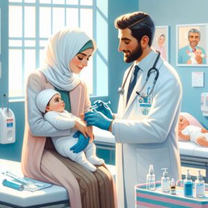 An illustration of a pediatrician administering a vaccine to a baby, with visual elements indicating medical safety and protection, bright pastel colors representing health and comfort, characters demonstrating diverse ethnicities.