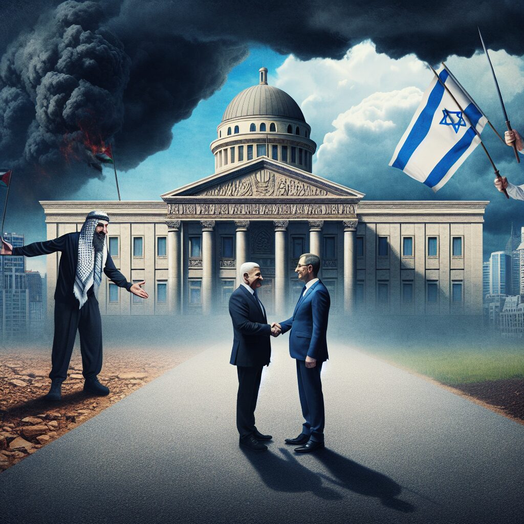 A symbolic image depicting Donald Trump in front of the White House, a handshake symbolizing peace between a Palestinian and Israeli, and a dark cloudy background representing the concept of Blue Monday.