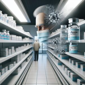 A health-focused image showing a pharmacy with empty shelves where flu vaccines are usually displayed, highlighting the absence of the Efluelda vaccine, with a concerned elderly person in the background.