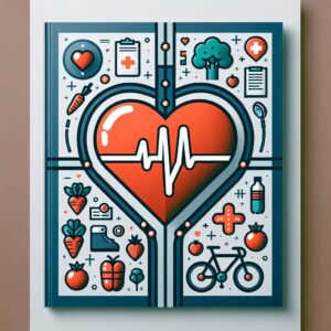 A digital magazine cover with a heart symbol, healthy lifestyle elements like vegetables, a bicycle, and medical symbols like a stethoscope, in a modern and informative style.