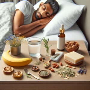 A peaceful bedroom scene with a person sleeping comfortably, a bedside table with a glass of water, a small bottle of arnica oil, dried herbal plants like rosemary and lavender, a banana, nuts, and a bar of Marseille soap.