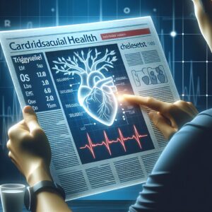 Une illustration d'une personne lisant un journal numérique sur la santé cardiovasculaire, avec des graphiques de cholestérol et de triglycérides et des illustrations de cœur sain.