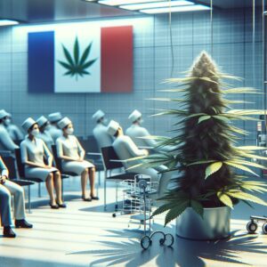 An image depicting a medical cannabis plant in a clinical setting, with a focus on the calm and uncertainty surrounding its future in France, showing patients waiting expectantly in a subdued atmosphere.