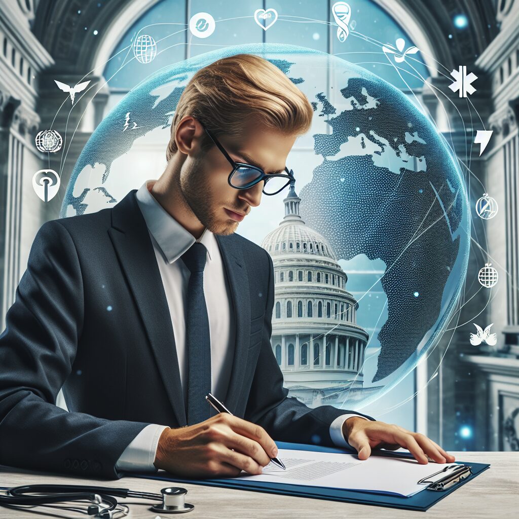 Donald Trump signing documents in the White House, with a backdrop of international health symbols and a globe, symbolizing global health impact.