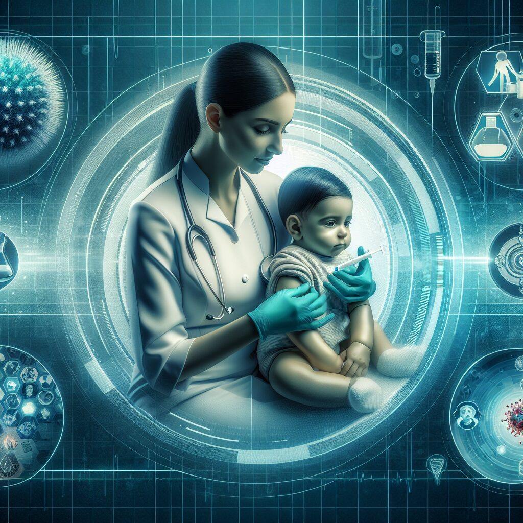 Illustration of a nurse administering a vaccine to a baby, showcasing healthcare professionals in a calm, reassuring medical environment. Include symbols of meningococcal bacteria and vaccination in a futuristic and informative style.