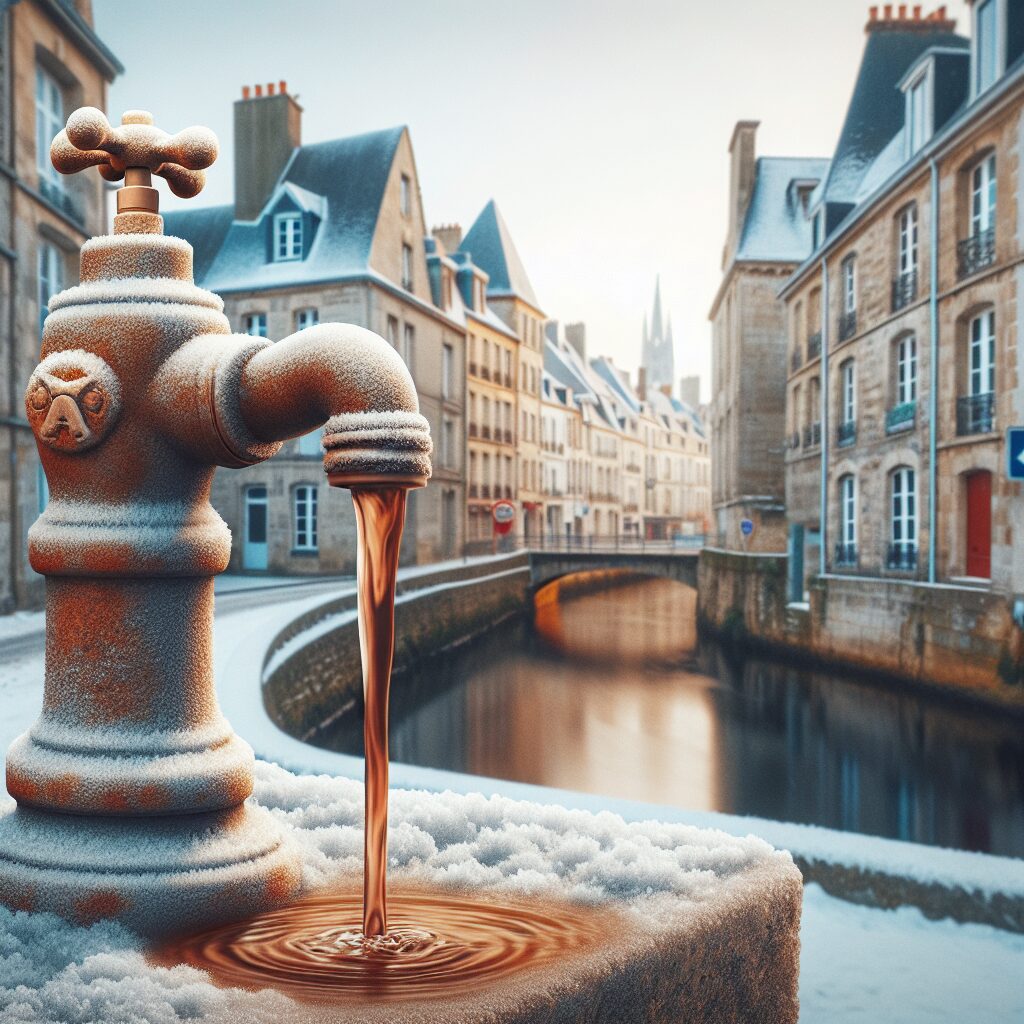 A view of a water faucet in Nantes with brown water flowing, illustrating a local water quality incident. Cold weather scene with a typical French town backdrop in winter.