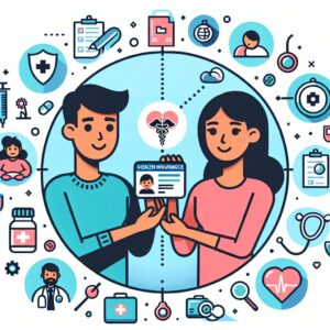 Illustration showing two parents holding a joint health insurance card for their child, with medical symbols and health-related icons around them, symbolizing healthcare and accessibility.