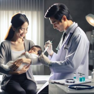 A mother gently holding her baby while a doctor prepares a vaccine syringe, symbolizing health and protection, in a clinical setting with soft lighting.