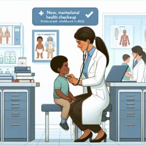 A pediatric checkup with a child and doctor in a bright clinic, illustrating a health examination for a 6-year-old child to capture the essence of a new mandatory health assessment introduced in 2025.