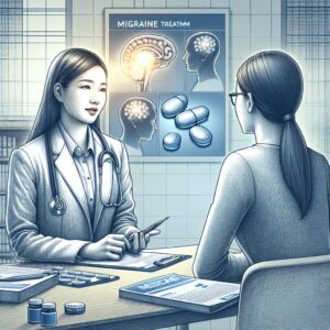 A detailed illustration of a medical consultation focused on migraine treatment. A female doctor explaining medication guidelines to a young woman in an office setting. The background shows medical charts and brochures on a desk, signifying a health advisory context. The scene is calm and informative, reflecting a professional yet empathetic healthcare environment.