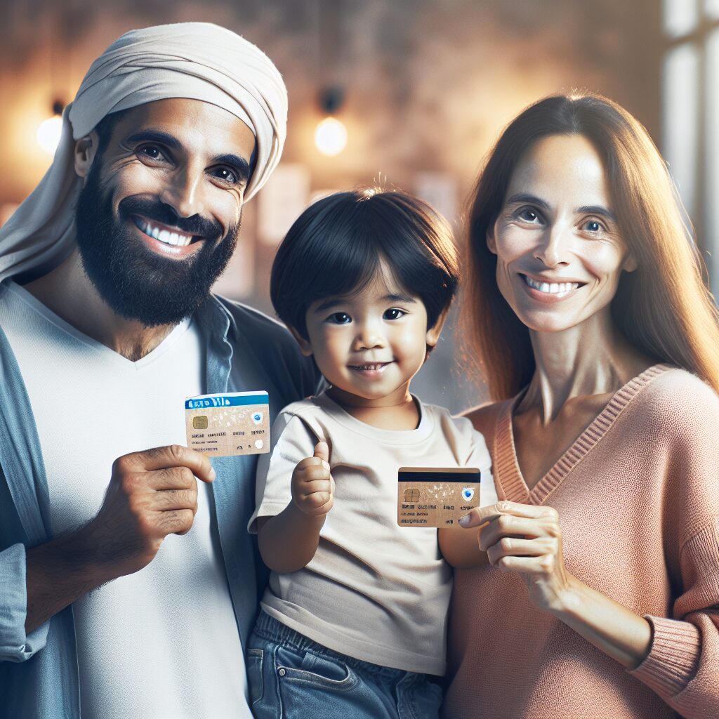 A family holding two French health insurance cards (carte Vitale), with a child standing between the parents. The image should convey a sense of ease and cooperation in managing family healthcare documentation in a warm, inclusive setting.