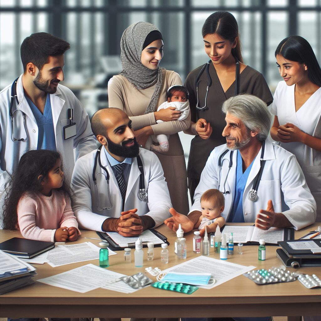 A diverse group of healthcare professionals, including a general practitioner, pediatrician, midwife, and nurse, discussing infant vaccination around a table filled with medical supplies and documents, representing the collaborative effort to enhance infant healthcare in 2025.